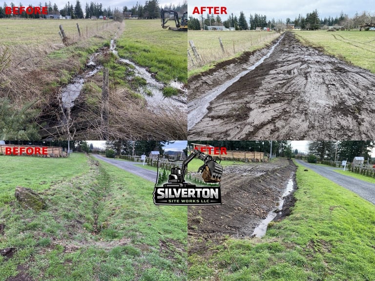 Before and after comparison of land grading by Silverton, showing erosion control and road improvement
