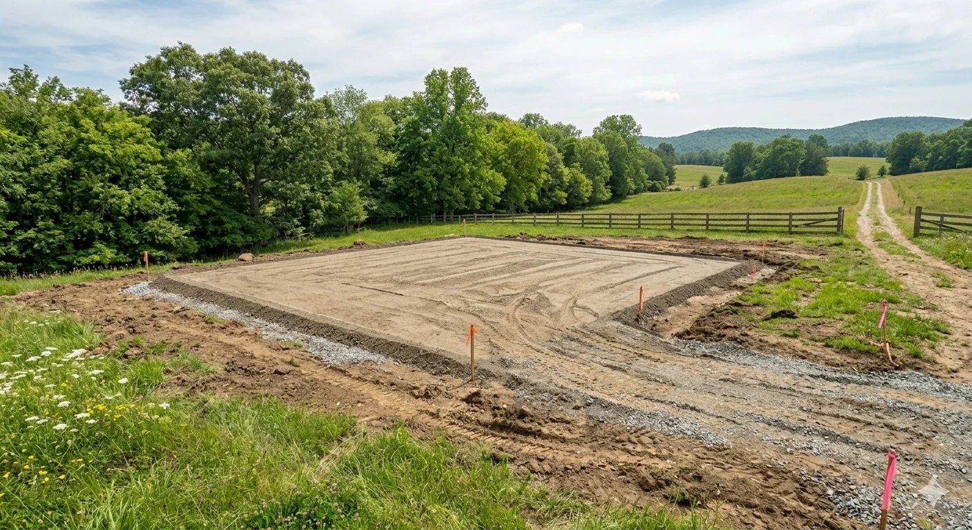 Recently tilled agricultural field with rows of soil, surrounded by green fields and forested hills under cloudy sky